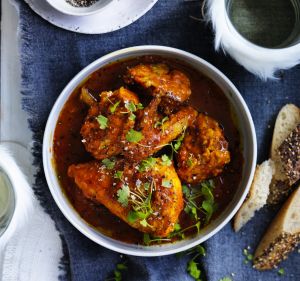 Borscht braised chicken with olive and dill dumplings