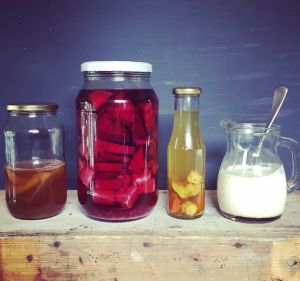 Jars of bubbling, fizzing foodstuffs at Cornersmith.