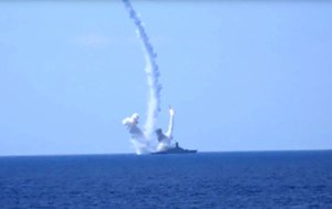 In this Friday, Aug. 19, 2016, file frame grab provided by Russian Defense Ministry press service, long-range Kalibr cruise missiles are launched by a Russian Navy ship in the eastern Mediterranean.