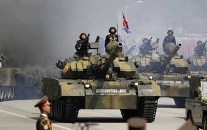 Soldiers in tanks are paraded across Kim Il Sung Square during a military parade on Saturday, April 15, 2017, in Pyongyang, North Korea to celebrate the 105th birth anniversary of Kim Il Sung, the country's late founder and grandfather of current ruler Kim Jong Un.