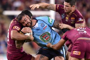 Blue murder: Andrew Fifita torments the Maroons.
