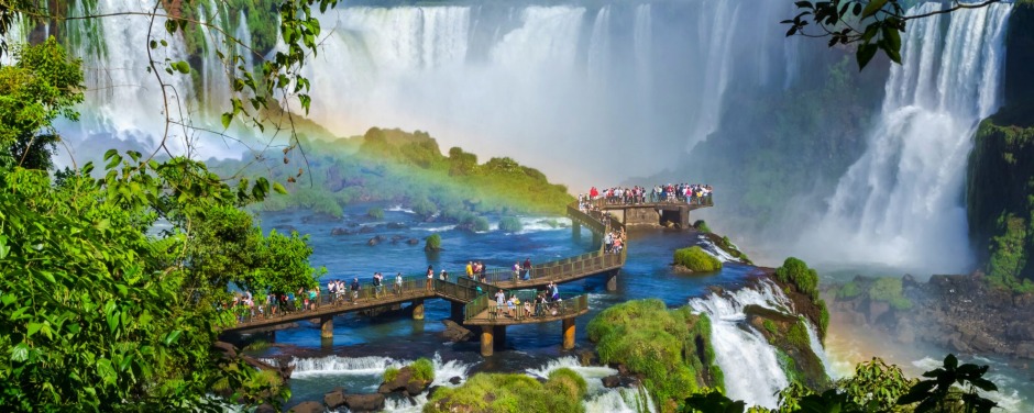 Tourists at Iguassu Falls, near the border of Argentina and Brazil.