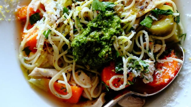 Jill Dupelix's Italian chicken noodle soup with pesto.