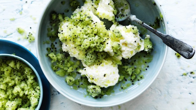 Adam Liaw's creamy yoghurt mousse with frozen kiwi fruit.
