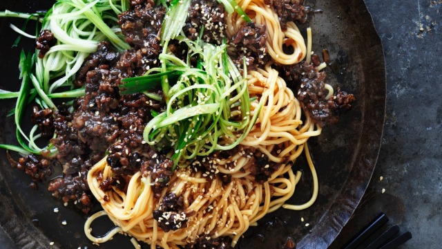 Neil Perry's pork hokkien Noodles with black bean.