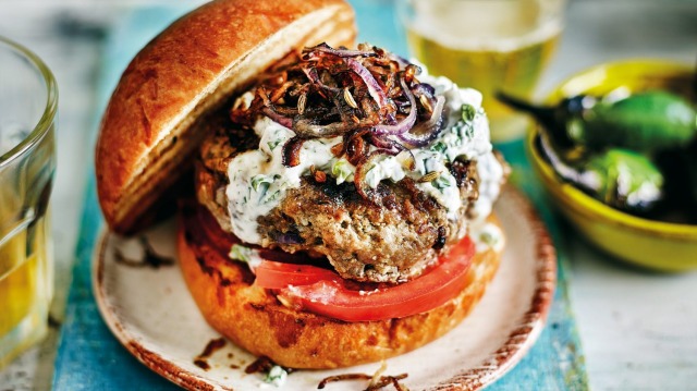 Anjum Anand's 'best-ever' spiced beef burger with crispy onions.