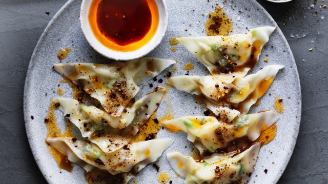 Kylie Kwong's scallop and ginger dumplings with Sichuan chilli dressing and Sichuan pepper and salt.