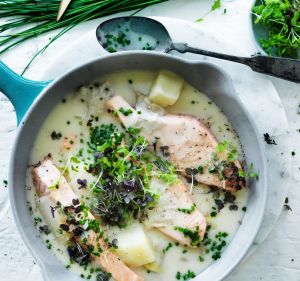 Adam Liaw's 'superfood' chowder with salmon, potato and wombok.