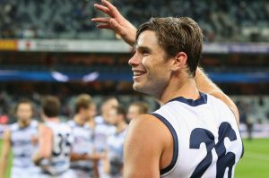 GEELONG, AUSTRALIA - MAY 25: Tom Hawkins of the Cats celebrates the win during the round ten AFL match between the ...