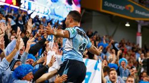 Finishing touch: Jarryd Hayne celebrates with Blues fans.