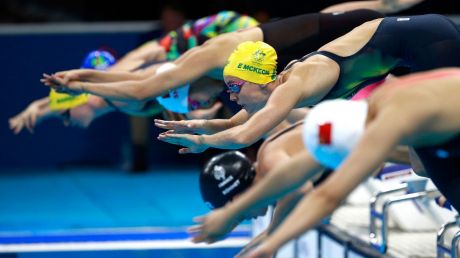 Swimmers start the 200-metre freestyle semifinal at the Rio Olympics.