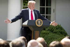 President Donald Trump speaks about the US role in the Paris climate change accord in the Rose Garden, Thursday, June 1, 2017, in Washington. (AP Photo/Andrew Harnik)