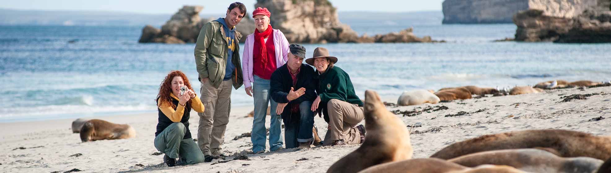 Visitors take a guided tour along the beach at Seal Bay