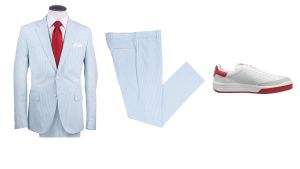 Light-blue seersucker sport coat and matching trousers from Haspel. Rod Laver Super tennis shoes by Adidas.