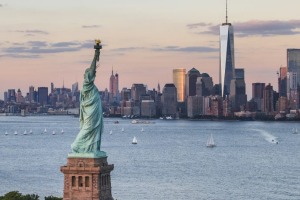 The Statue of Liberty at sunset.