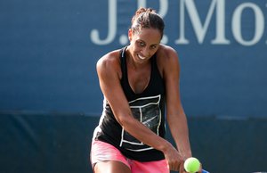 Madison Keys (USA) practices during Round 1 of the 2015 US Open at the USTA Billy Jean King National Tennis Center in Flushing Meadows, New York September 1, 2015