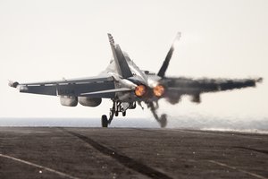 File - An EA-18G Growler assigned to the "Lancers" of Electronic Attach Squadron 131 launches from the aircraft carrier USS George H.W. Bush during flight operations in support of Operation Inherent Resolve, Mediterranean Sea.