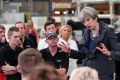 British PM Theresa May speaks to workers during a campaign stop at Ultima Furniture Systems in Pontefract on Thursday.