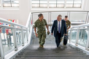 Defense Secretary Jim Mattis talks with Navy Adm. Harry B. Harris Jr, commander of U.S. Pacific Command, at Camp H. M. Smith, Hawaii, May 31, 2017.