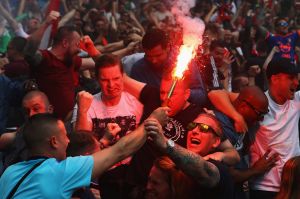 ROTTERDAM, NETHERLANDS - MAY 14: Fans of Feyenoord Rotterdam celebrate their team scoring a goal during the Dutch ...