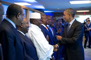 File - President Barack Obama greets African leaders prior to a group photo during the U.S.-Africa Leaders Summit at the U.S. Department of State in Washington, D.C., Aug. 6, 2014.