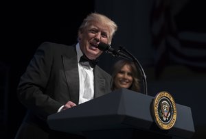 President Donald Trump, joined by first lady Melania Trump, speaks during the Ford's Theatre Annual Gala at the Ford's Theatre in Washington, Sunday, June 4, 2017.