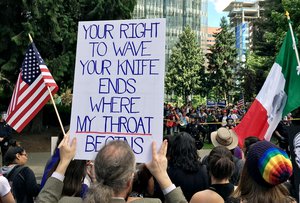 Thousands of protesters gather in Portland, Ore., Sunday, June 4, 2017, for competing rallies following last month’s fatal stabbing of two men on a light-rail train by a man police say was shouting anti-Muslim slurs.