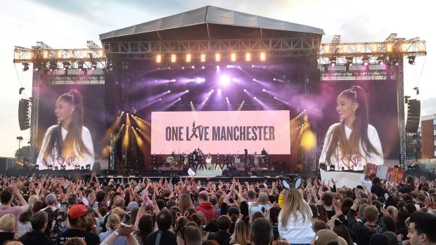 Ariana Grande performing at the One Love Manchester concert.