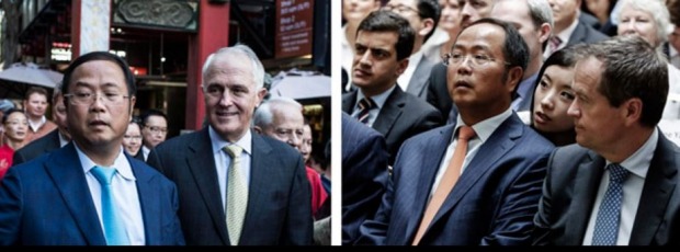 Huang Xiangmo and Malcolm Turnbull at Chinese New Year celebrations, 2016. Right: (left to right) Sam Dastyari, Huang ...