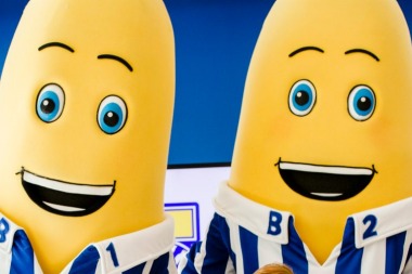 The Royal Australian Mint is celebrating 25 years of Bananas in Pyjamas. Back: Chelsea McInerney, 8, Elodie McInerney, ...