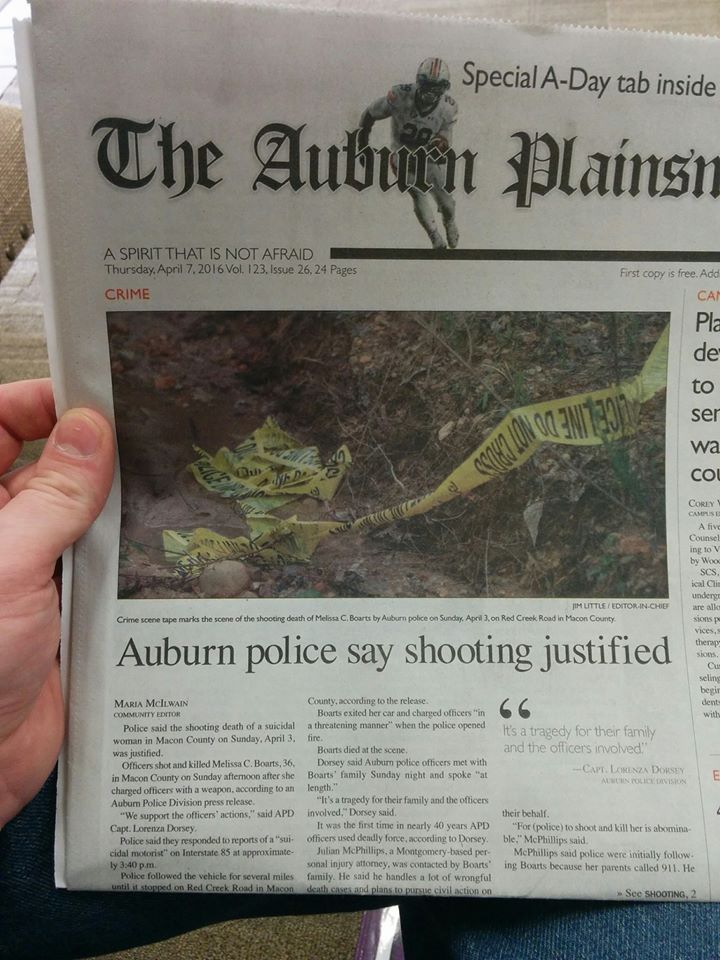 Here's a copy of the front page of the Auburn Plainsman, with the headline "AUBURN POLICE SAY SHOOTING JUSTIFIED."