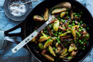 Brussels sprouts with bacon, peas and mint makes a meal almost all of itself. 