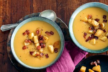 Pumpkin and apple cider soup with apple and bacon croutons