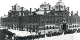 Striking railway workers confront the National Guard in Chicago, 1894