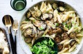 Pasta topped with seasoned zucchini and butter. 