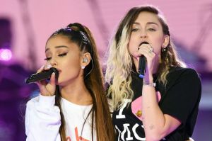 Ariana Grande and Miley Cyrus performing at the One Love Manchester concert.