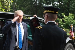 President Donald J. Trump salutes U.S. Army Maj. Gen. Michael L. Howard, Joint Force Headquarters - National Capital Region and the U.S. Army Military District of Washington Commander, as he arrives at Arlington National Cemetery for the Presidential Armed Forces Honor Wreath-Laying Ceremony at the Tomb of the Unknown Soldier, May 29, 2017.