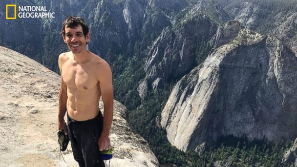 PHOTO: This June 3, 2017, photo provided by National Geographic shows Alex Honnold atop El Capitan in Yosemite National Park, Calif., after he became the first person to climb alone to the top of the massive granite wall without ropes or safety gear. 