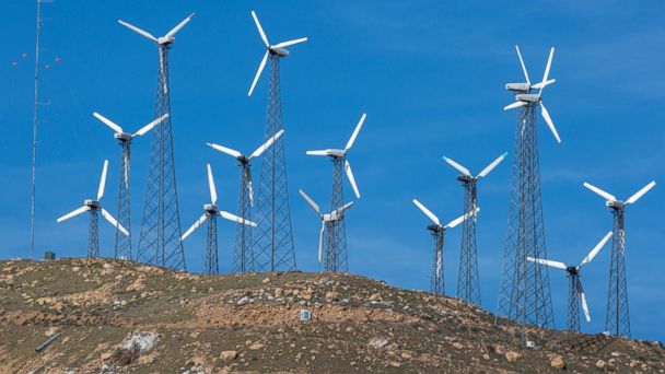 PHOTO: Wind turbines line a mountain ridge along Highway 58 as viewed on April 4, 2017, near Tehachapi, California.