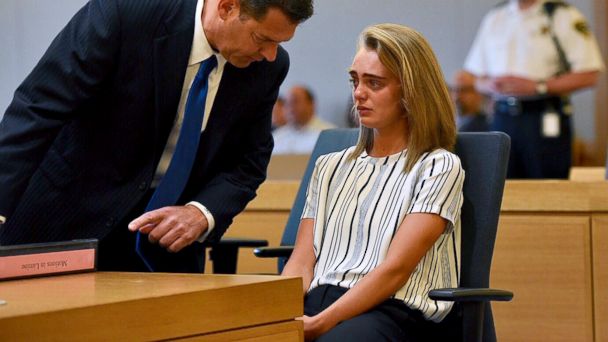 PHOTO: Attorney Joseph Cataldo talks to his client, Michelle Carter, before meeting at a side bar at the beginning of the court session at Taunton Juvenile Court in Taunton, Mass., June 5, 2017.  