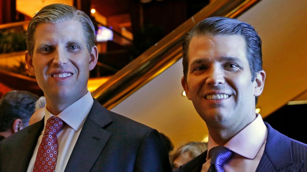 PHOTO: Eric Trump and Donald Trump Jr., executive vice presidents of The Trump Organization, pose for a photograph at an event for Scion Hotels, a division of Trump Hotels, June 5, 2017, in New York. 