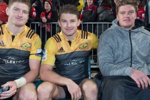 Three's company: Jordie and Beauden Barrett of the Hurricanes and Scott Barrett from the Crusaders.