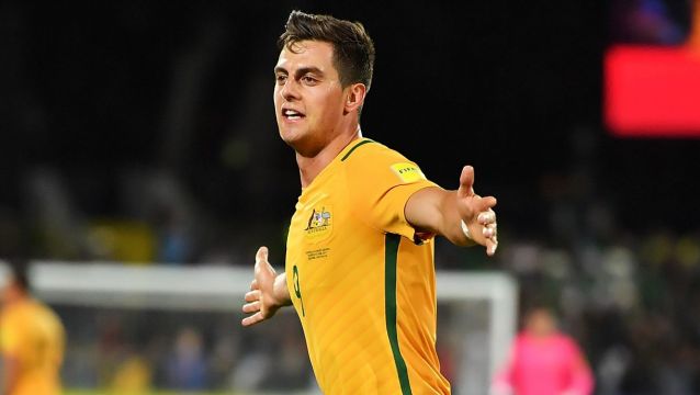 Tomi Juric celebrates after scoring his second goal in the World Cup qualifier against Saudi Arabia.
