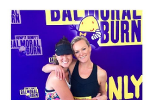 All smiles before the burn: Sarah (R) and colleague, Jenna Clarke, before the Balmoral Burn. 