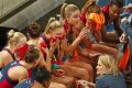 Melbourne Vixens coach Simone McKinnis speaks to her team during the Super Netball semi-final against the Lightning last ...