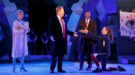 Tina Benko, left, portrays Melania Trump and Gregg Henry, center left, portrays President Donald Trump in the role of Julius Caesar during a dress rehearsal of The Public Theater's Free Shakespeare in the Park production of Julius Caesar, in New York on May 21, 2017. (Joan Marcus/The Public Theater via AP)