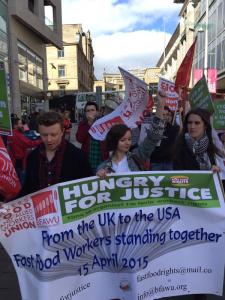 BFAWU fast food worker members led the charge for £10 an hour and union rights on the 2015 15 April global day of action