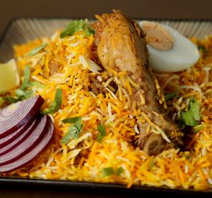 The signature biryani is slow-cooked for 90 minutes (chicken pictured, also available with goat, lamb or as a vegan version).