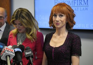 Comedian Kathy Griffin, right, speaks along with her attorney Lisa Bloom during a news conference, Friday, June 2, 2017, in Los Angeles to discuss the backlash since Griffin released a photo and video of her displaying a likeness of President Donald Trump's severed head.