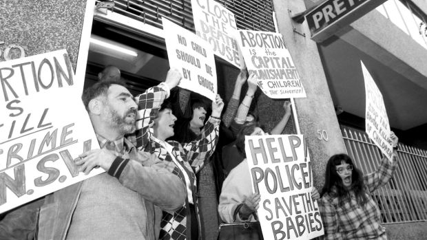 Anti-abortion demonstrators block the doorway of the Preterm Clinic in Cooper Street, Surry Hills,  in 1985.